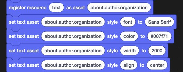 TurboWarp EditorのStageから、Asset Managerで文字assetを登録しstyleを設定する接続部分だけを切り出した画面