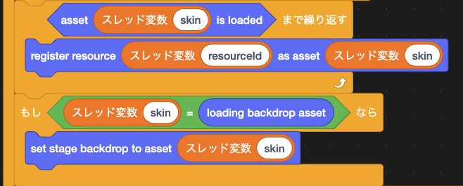TurboWarp Editorのcreate asset定義から、Asset Managerの読込確認、登録、背景設定だけを切り出した画面