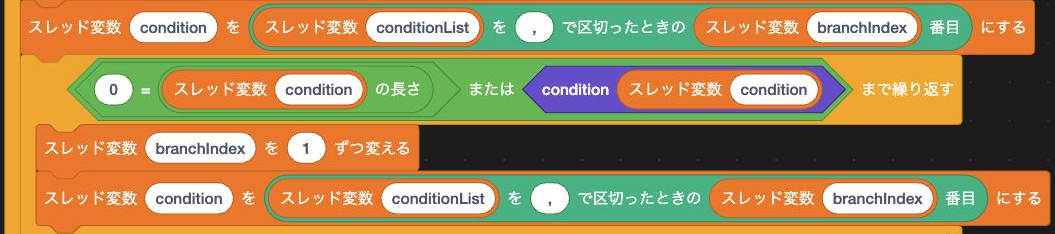 TurboWarp Editorのexec branch action定義で、condition文字列を取り出し、Runtime Expressionで評価して次の条件へ進む画面