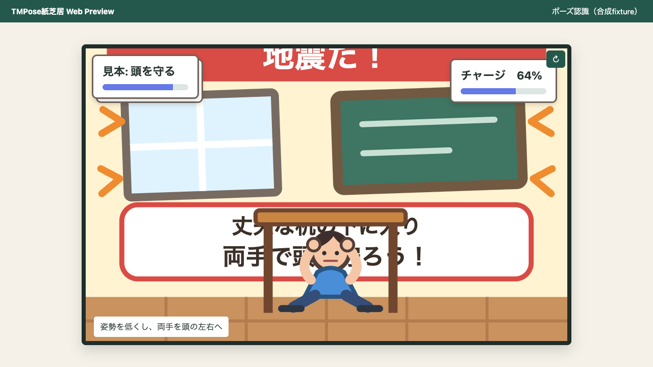 合成人物のポーズ認識中にカメラ操作と更新状態が重ならず表示されたローカルプレビュー
