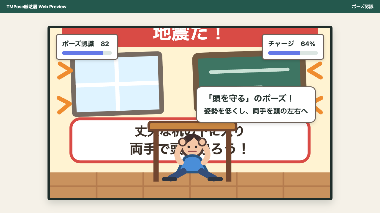机の下で両手を頭の左右へ当てる合成人物の見本と、ポーズ認識度およびチャージが表示された認識画面