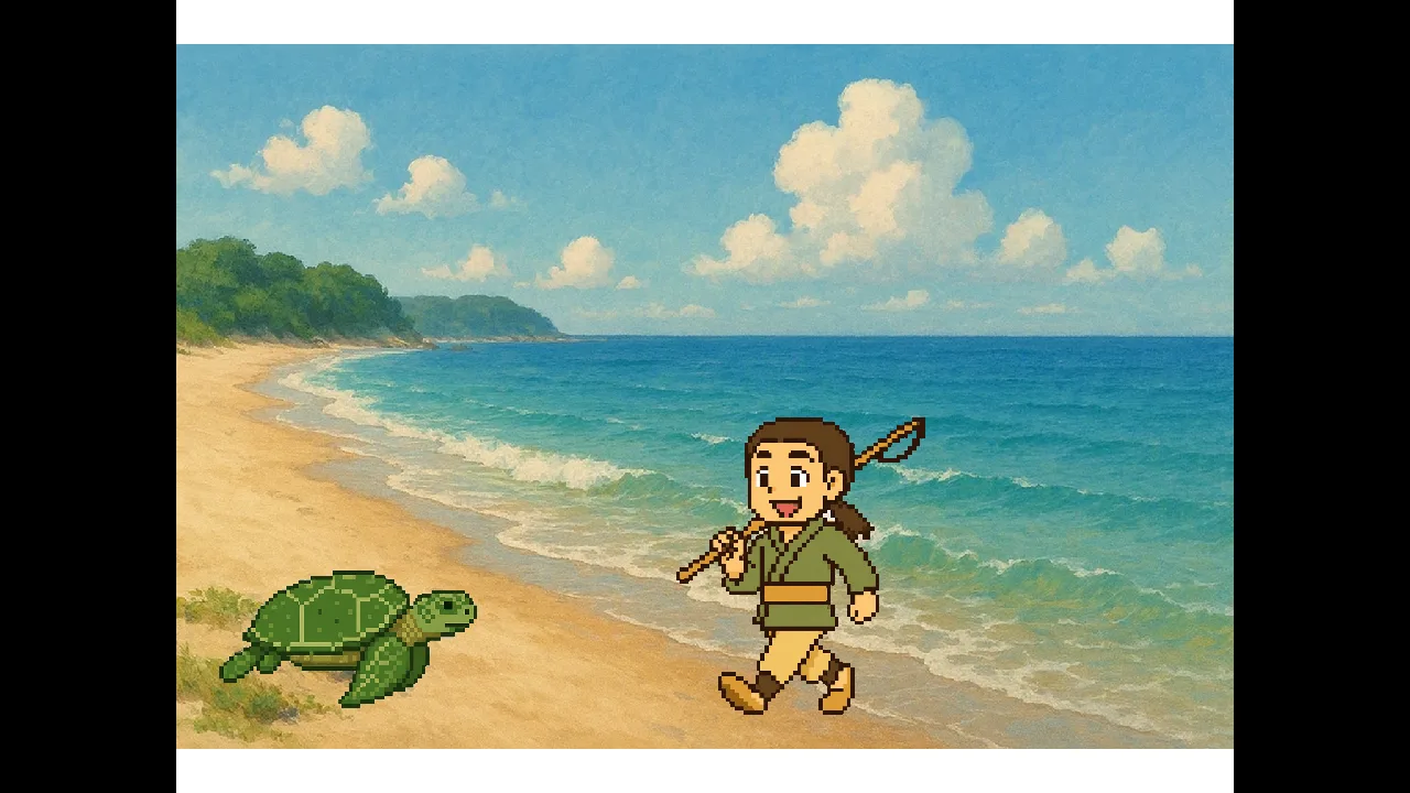 浜辺で亀を見つけて近づく浦島太郎